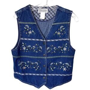 Vintage Jantzen Classics Wms M Blue Denim Embroidered Floral Button Up Vest